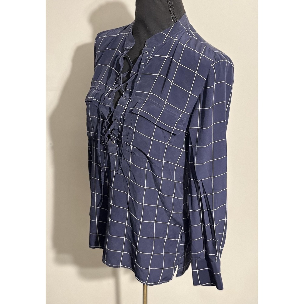 Madewell Shirt Womens XS Navy Windowpane Silk Lace-Up Long Sleeve Blouse Top - Picture 2 of 12